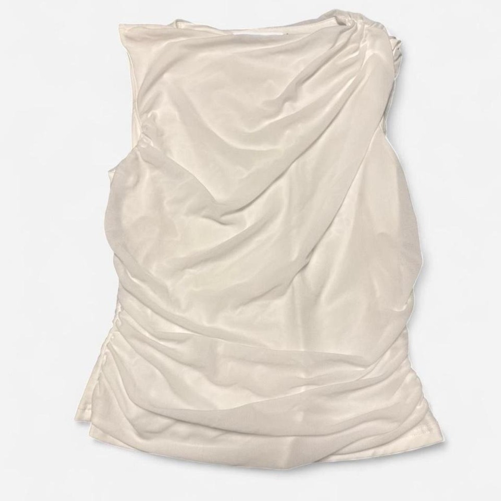 Zesica Womens White Mesh Ruched Draped‎ Cowl Neck Sleeveless Tank Top Small